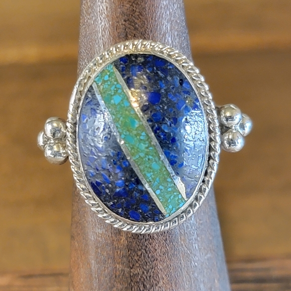 Vintage Jewelry - Native Lapis Turquoise Gemstone Ring 6 Sterling Silver Boho Size Womens